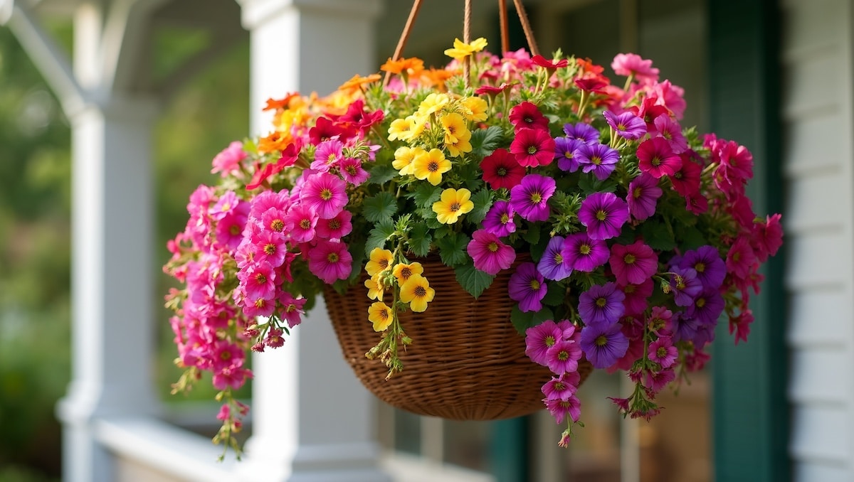 Vibrant petunias and fuchsias blooming in hanging basket on porch