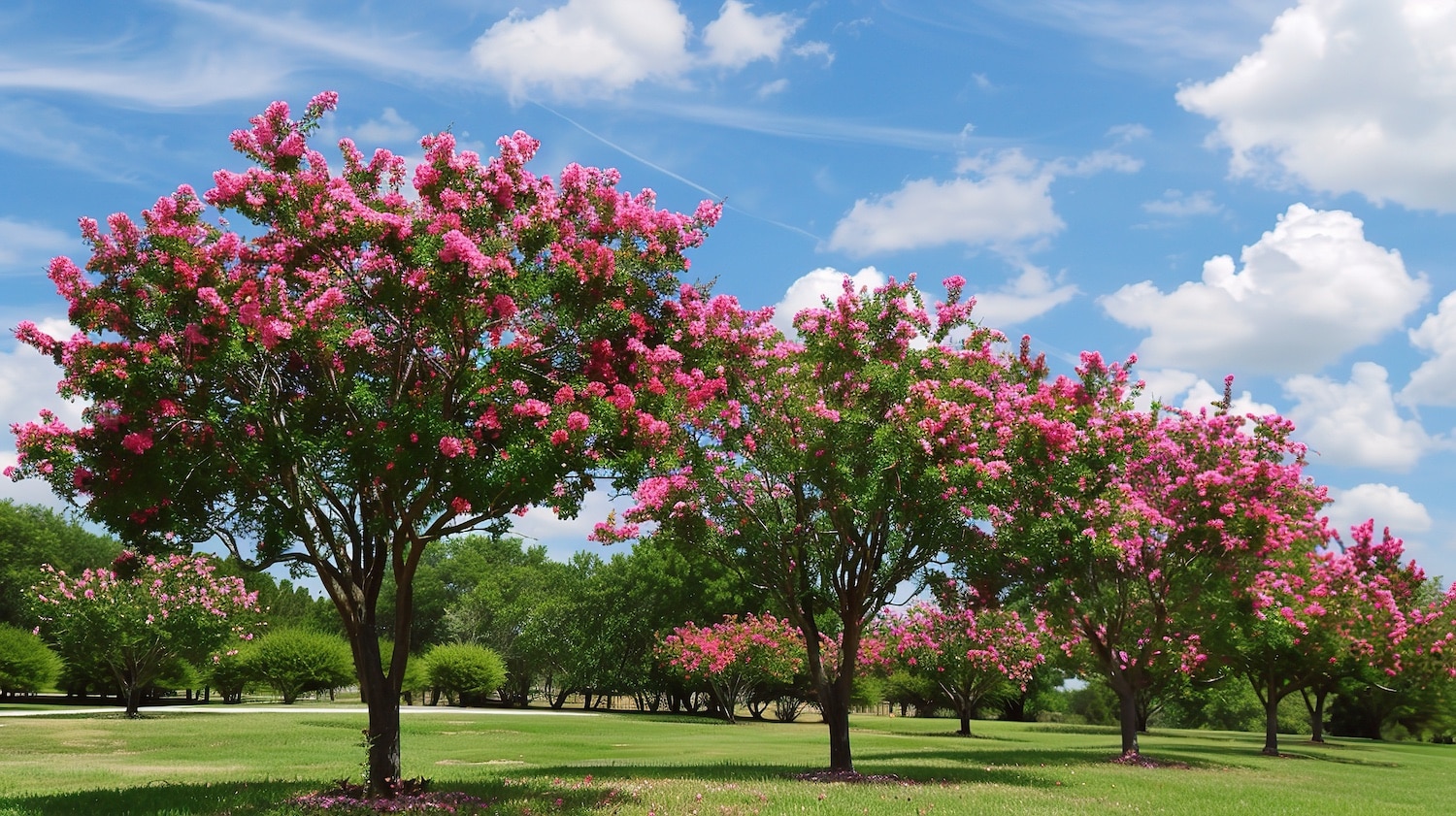 Close up of crape myrtle trees in full bloom with vibrant pink, purple, and white flowers, showcasing their smooth bark, slender branches, and lush foliage in a garden or park setting under sunlight