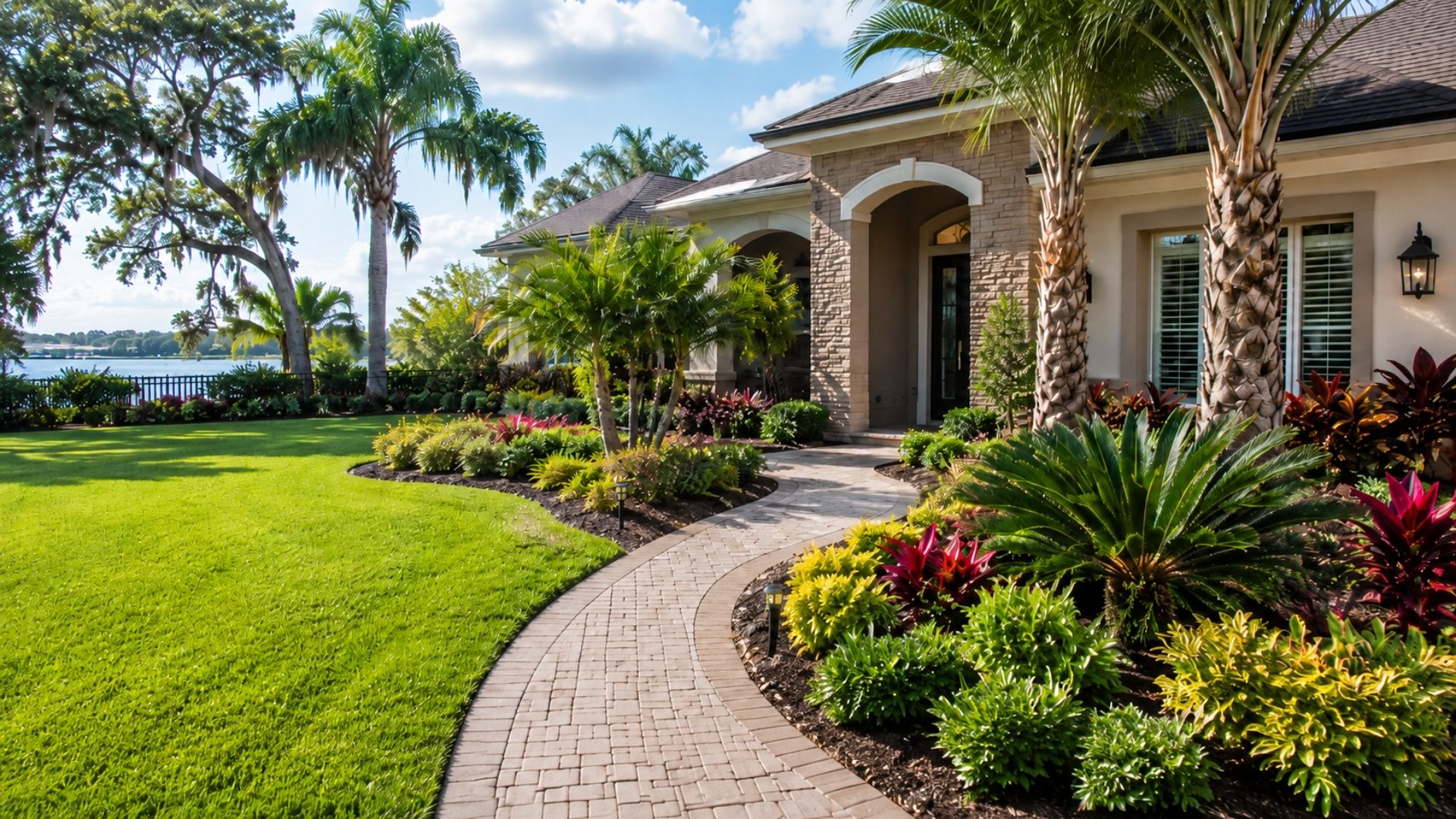 Landscaped Jacksonville home with a manicured lawn, tropical plants, palm trees, and paver walkway