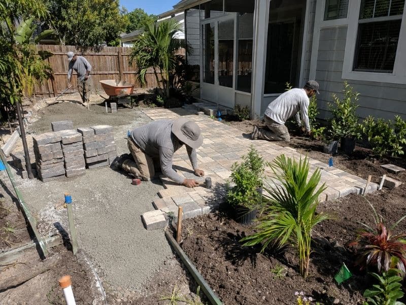 Landscaping crew installing a paver patio and planting beds at a Jacksonville-area home