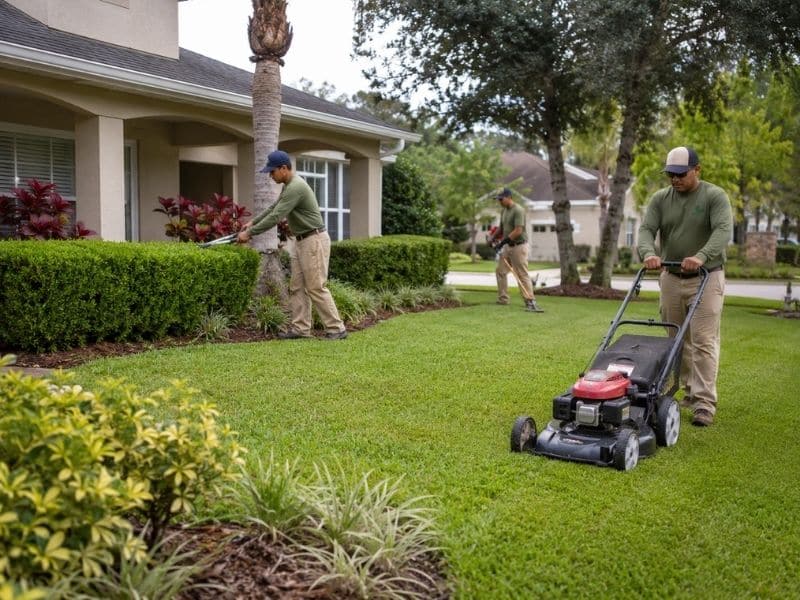 Professional landscaping crew mowing, edging, and trimming a residential lawn in Jacksonville