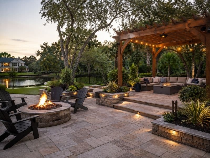 Jacksonville backyard with a paver patio, pergola, fire pit, landscape lighting, and planting beds