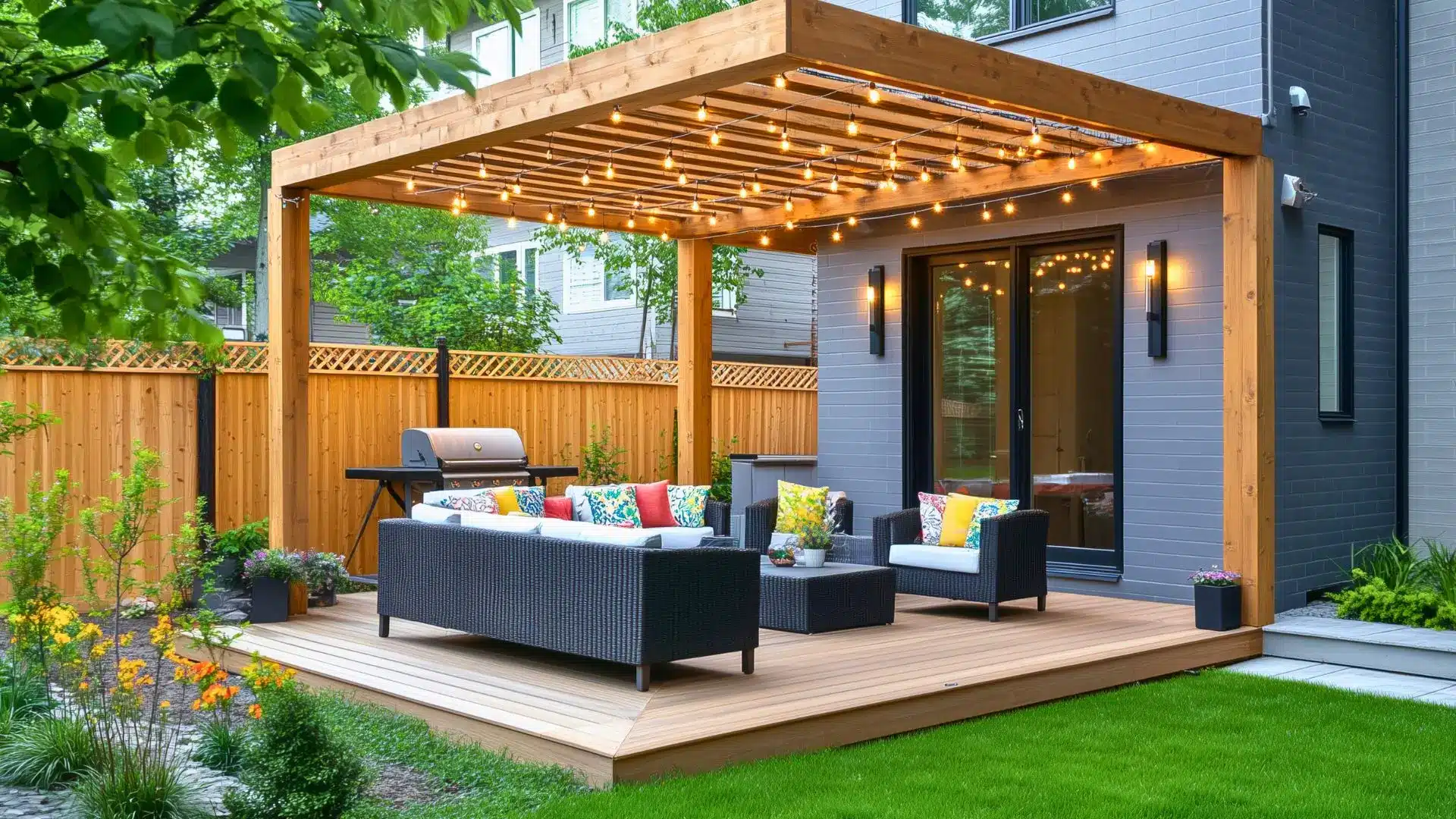 Pergola with string lights covering a dining area in a small backyard