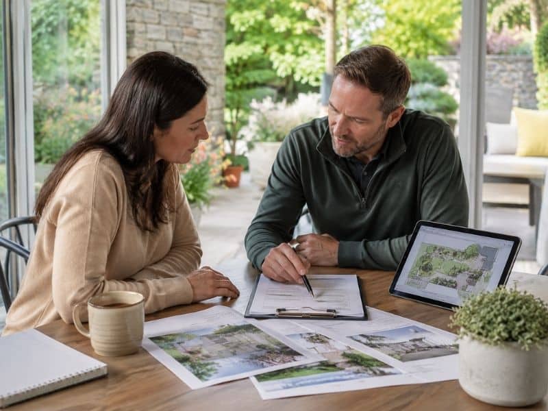 Homeowner reviewing a landscape design plan and project estimate with a landscaping professional