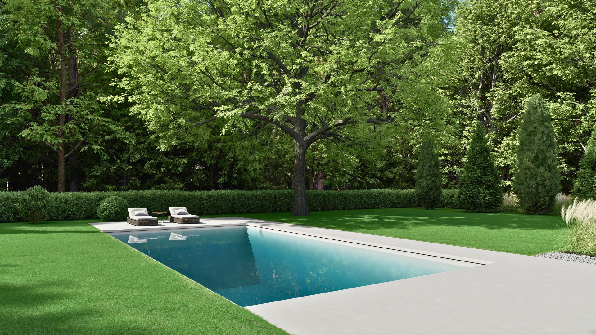 Rectangular pool surrounded by a clean concrete deck, lawn, and mature trees.
