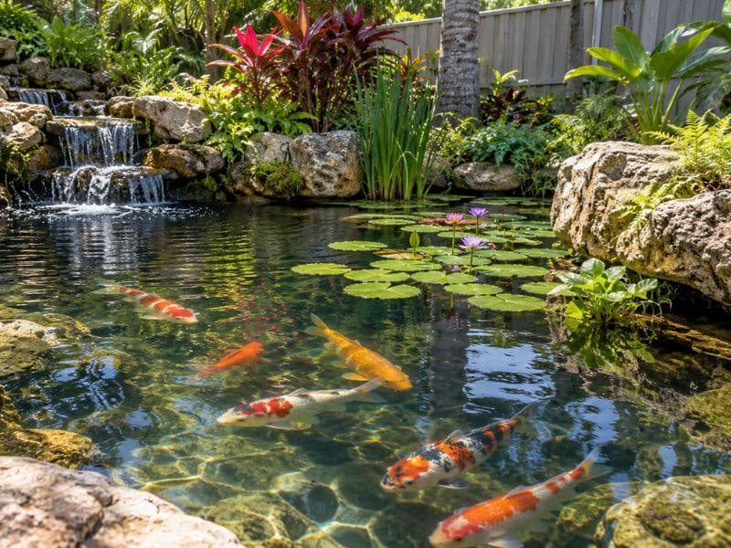 Clear backyard koi pond with colorful koi, lily pads, rocks, and a small waterfall.