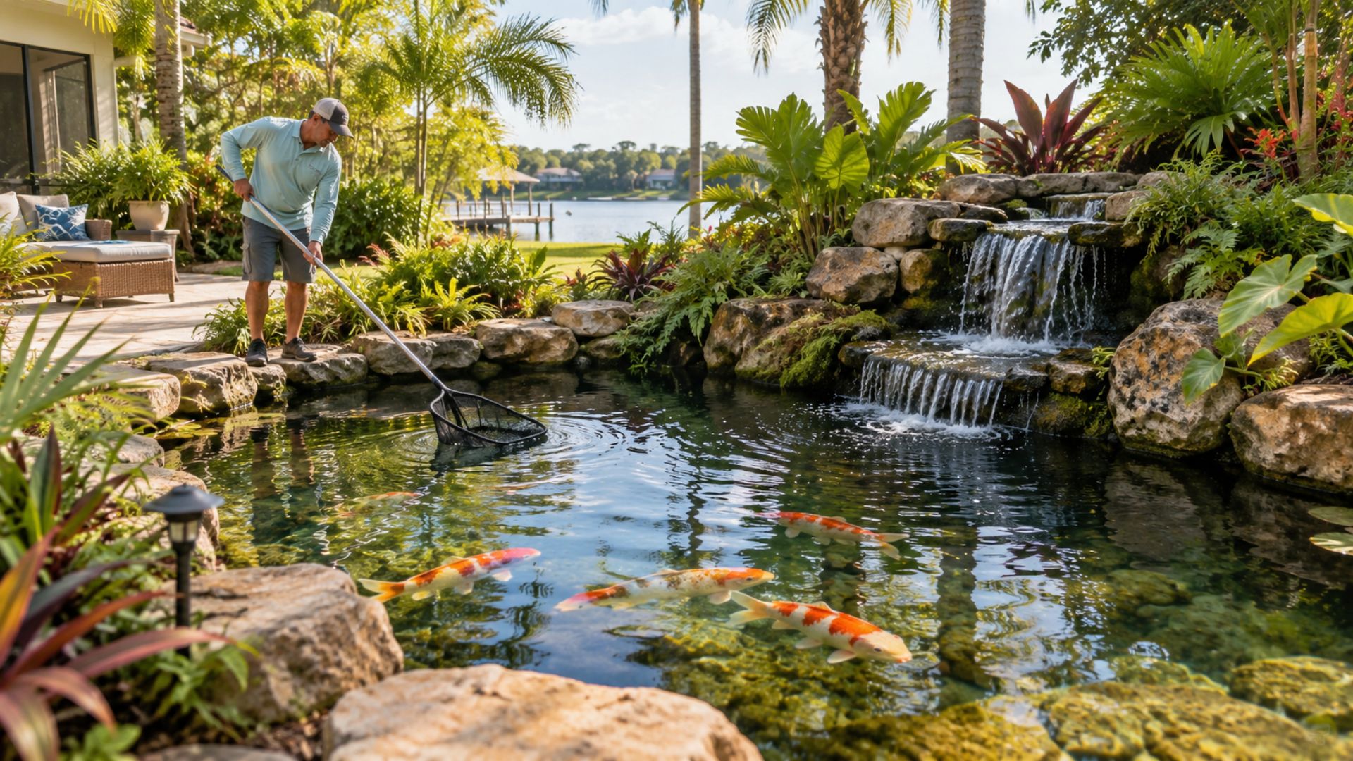 Man cleaning a backyard koi pond with a long-handled net beside a rock waterfall.