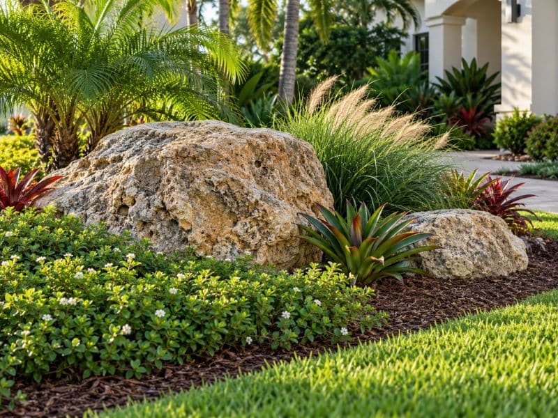 Large natural boulders partially set into a landscaped garden bed with tropical plants.