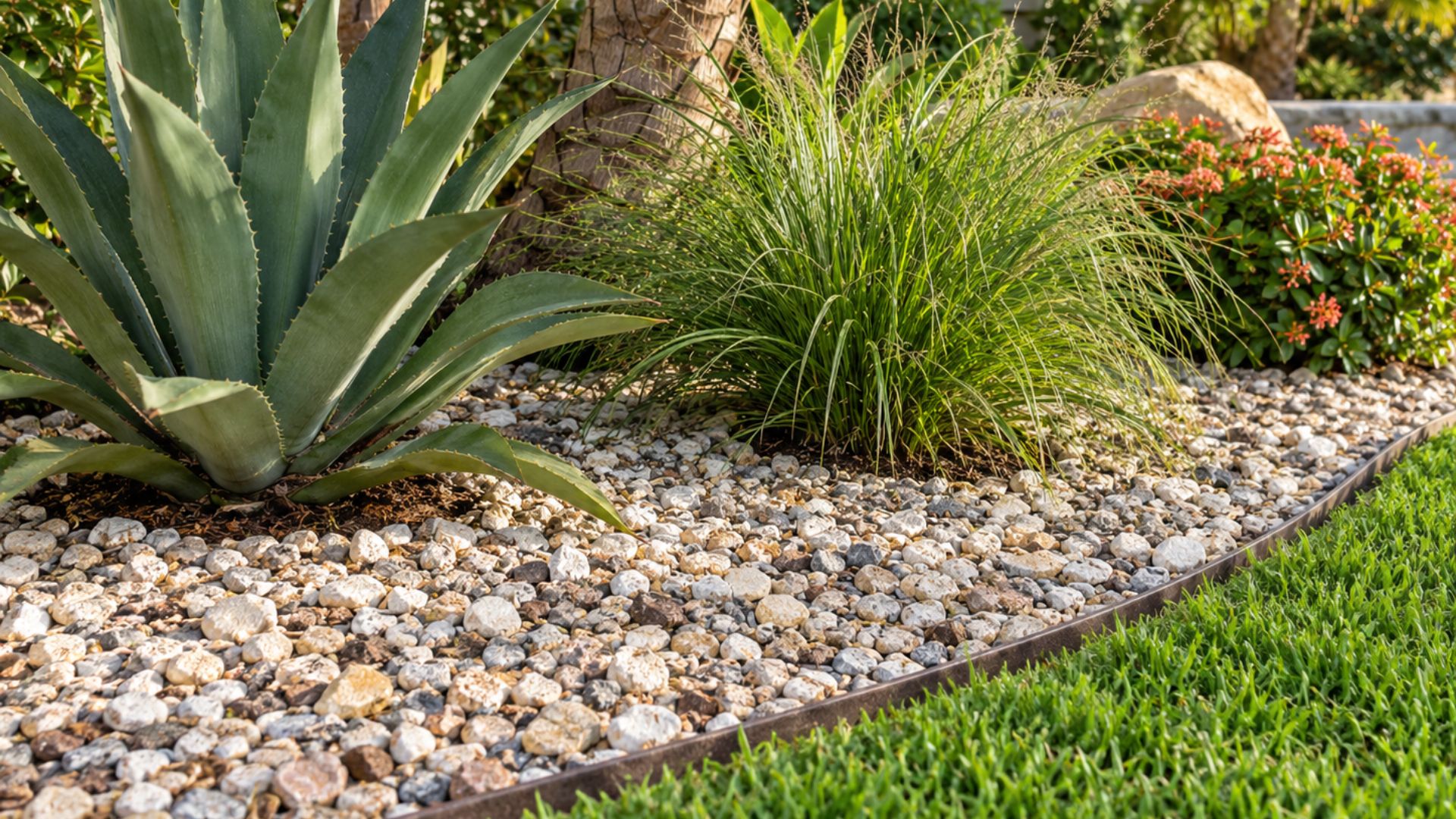 Decorative landscape rock around agave and ornamental grasses in a Florida garden bed.