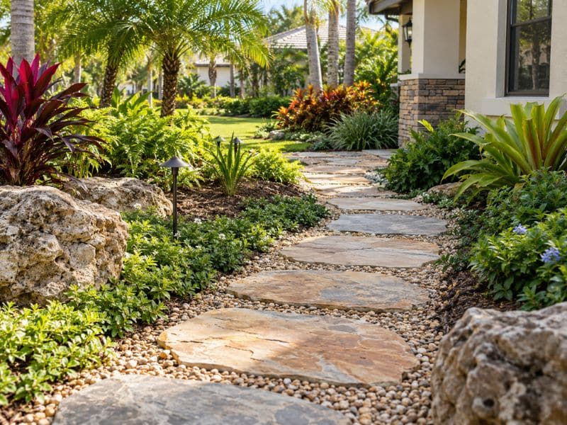 Flat natural stepping stones set into gravel along a landscaped garden walkway.