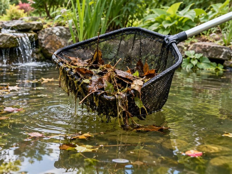 Pond net filled with wet leaves and organic debris removed from a backyard pond.