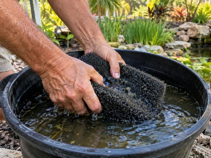 Hands rinsing a foam pond filter pad in a bucket of pond water.