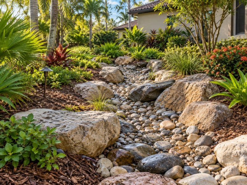 Dry creek bed made with river rock and larger stones in a landscaped Florida yard.