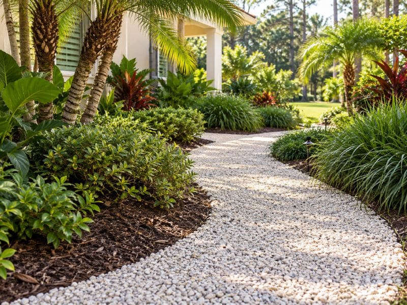 White gravel walkway curving through a lush Florida landscape with palms and ornamental grasses.